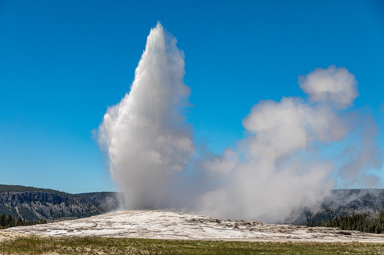Old Faithful subject photograph representing the camera location or featured view in Yellowstone, Wyoming.
