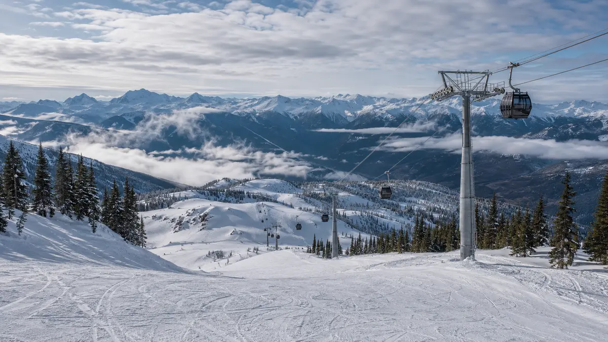 Representative snowy Whistler Blackcomb terrain and gondola.